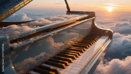 Grand Piano Above the Clouds at Sunset