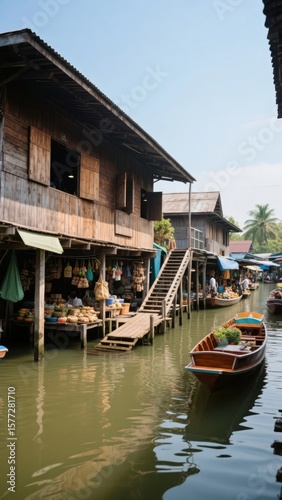 Traditional wooden houses and boats at a bustling floating market