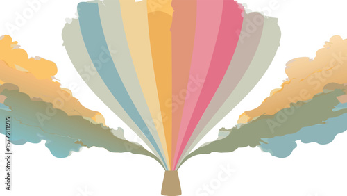 Illustration of a hot air balloon with colorful stripes and cloud like formations on each side