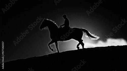 Silhouette of a horse and rider galloping against the sun, conveying freedom and speed
