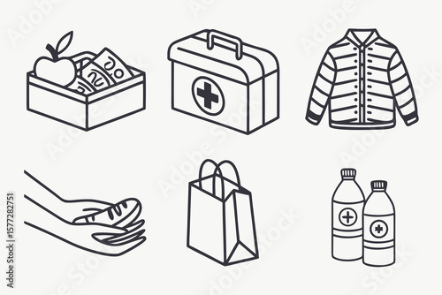 Vector of Donation Icons Including Food, Clothes, First Aid, and Essentials for Charity and Relief