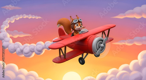 Right side a squirrel flying a red plane leaving a trail of cotton candy clouds, sunset sky in cartoon clay illustration
