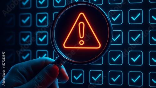 Hand Holding Magnifying Glass Focusing on Warning Sign Among Checkmarks