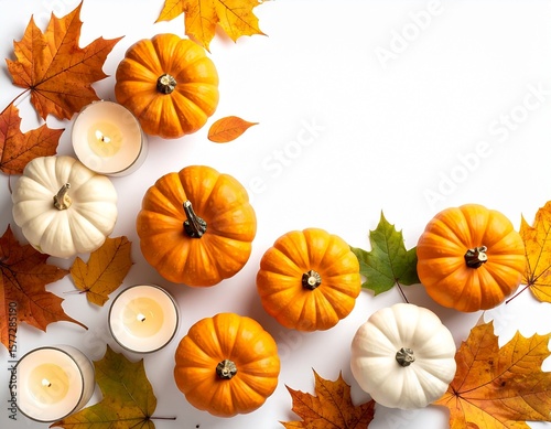 Halloween-themed flat lay with autumn leaves, small pumpkins