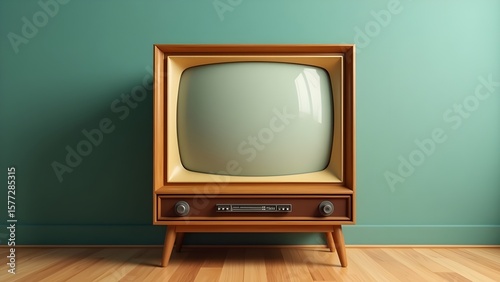 Retro Wooden Television Set on Green Wall Background