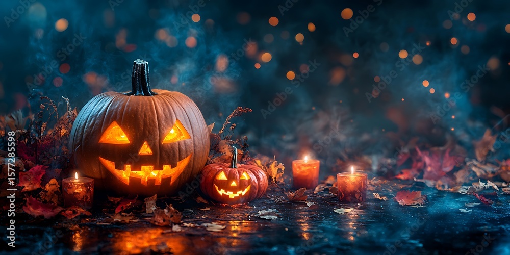 Naklejka premium Glowing jack o lantern displays autumn Halloween spirit, evoking spooky season vibes with bokeh lights and fall foliage