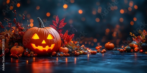Glowing jack o lantern displays autumn Halloween spirit, evoking spooky season vibes with bokeh lights and fall foliage