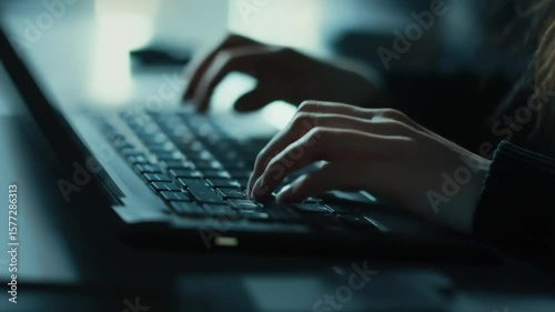 Close up woman hands typing on laptop keyboard in a dim lit room with light reflection
