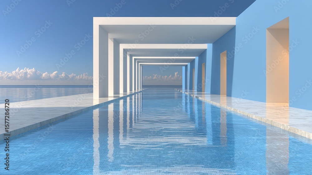 Obraz premium Modern white and blue structure with an infinity pool extending to the ocean horizon