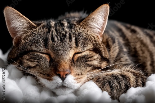 Close up of a tabby cat sleeping peacefully on soft white material kitten