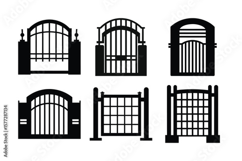 Set of urban city building icons with silhouettes of houses windows doors fences gates and metal architectural elements
