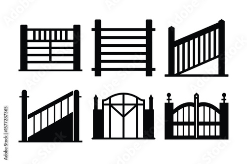 Wrought iron gate and fence vintage metal design silhouette vector illustration of house and building entrance