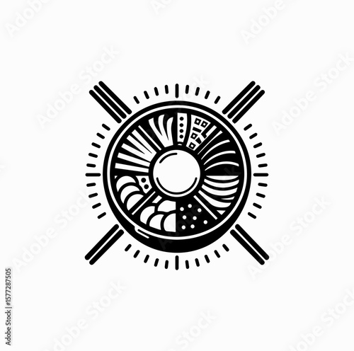 Minimalist Black Vector Logo of Bibimbap Bowl with Chopsticks Isolated on White Background