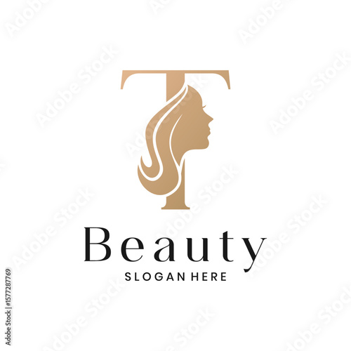 Elegant beauty salon logo with a woman's face silhouette and letter T