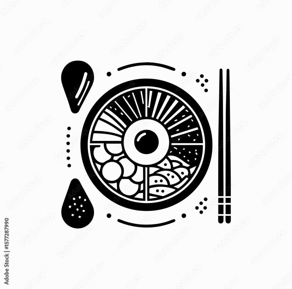 Obraz premium Minimalist Black Vector Logo of Bibimbap Bowl with Chopsticks Isolated on White Background
