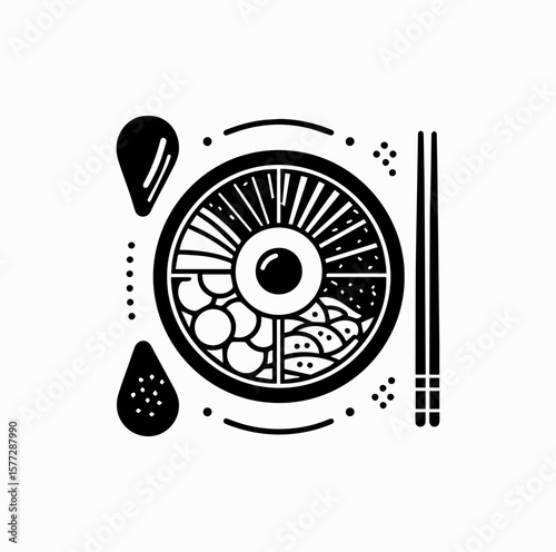 Minimalist Black Vector Logo of Bibimbap Bowl with Chopsticks Isolated on White Background