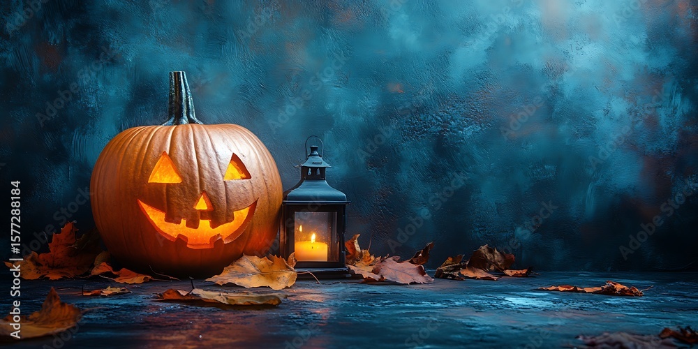 Fototapeta premium Spooky Halloween arrangement with glowing pumpkins, lanterns, and colorful fall leaves for an autumn celebration