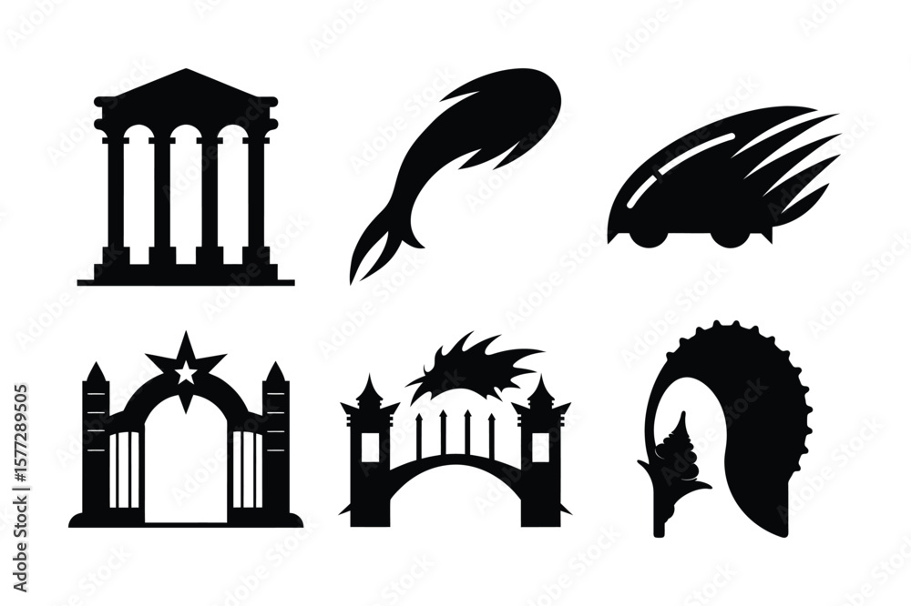 Fototapeta premium City silhouette vector icon set: an illustration of urban landmarks with flying birds and trees