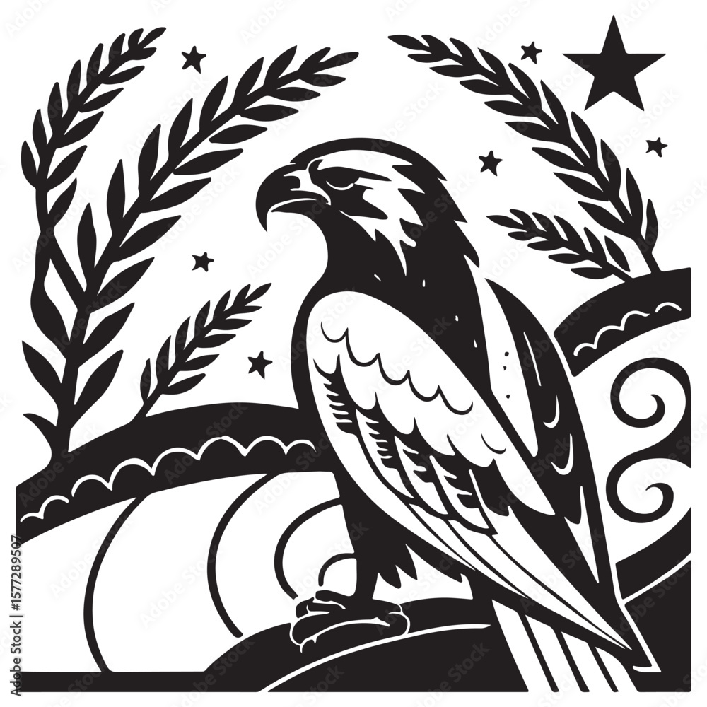 Naklejka premium Black eagle perched on branch with stars and foliage