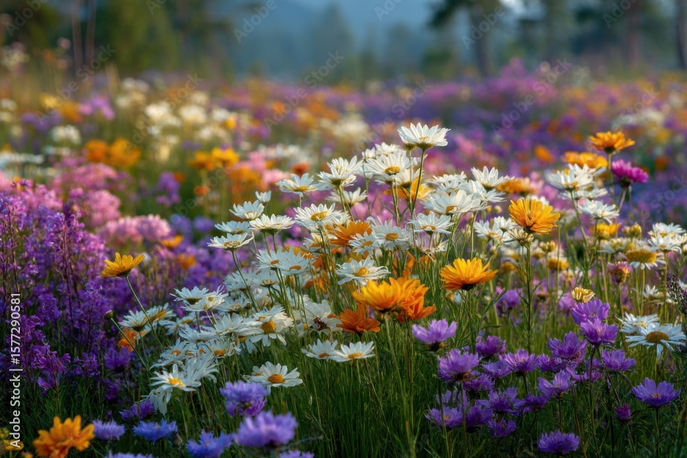 Obraz premium A vibrant meadow filled with blooming wildflowers in various colors, showcasing nature's beauty under clear blue skies