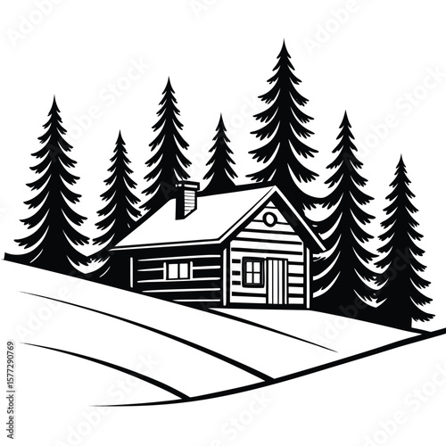Wood cabin sits among pine trees in a simple black silhouette against white