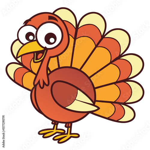 A cartoon turkey with big eyes cheerfully stands, featuring orange and yellow feathers on a white background