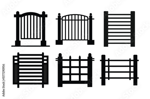 Black wrought iron gates with intricate design against a sky backdrop, perfect for house architecture or security fence illustration