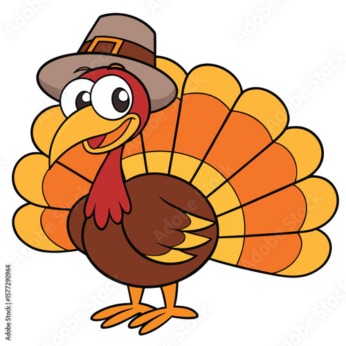 A cute cartoon turkey wearing pilgrim hat stands smiling with its colorful feathers displayed on white