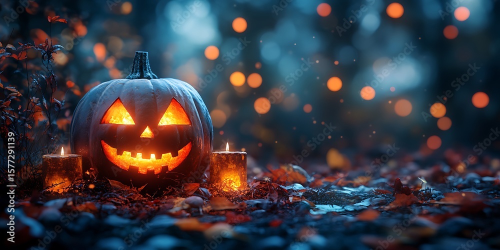 Spooky Halloween scene presents glowing jack o'lanterns amidst fall leaves and a misty forest at dusk. Spooky Halloween scene presents glowing jack o'lanterns amidst fall leaves and a misty forest at dusk.
