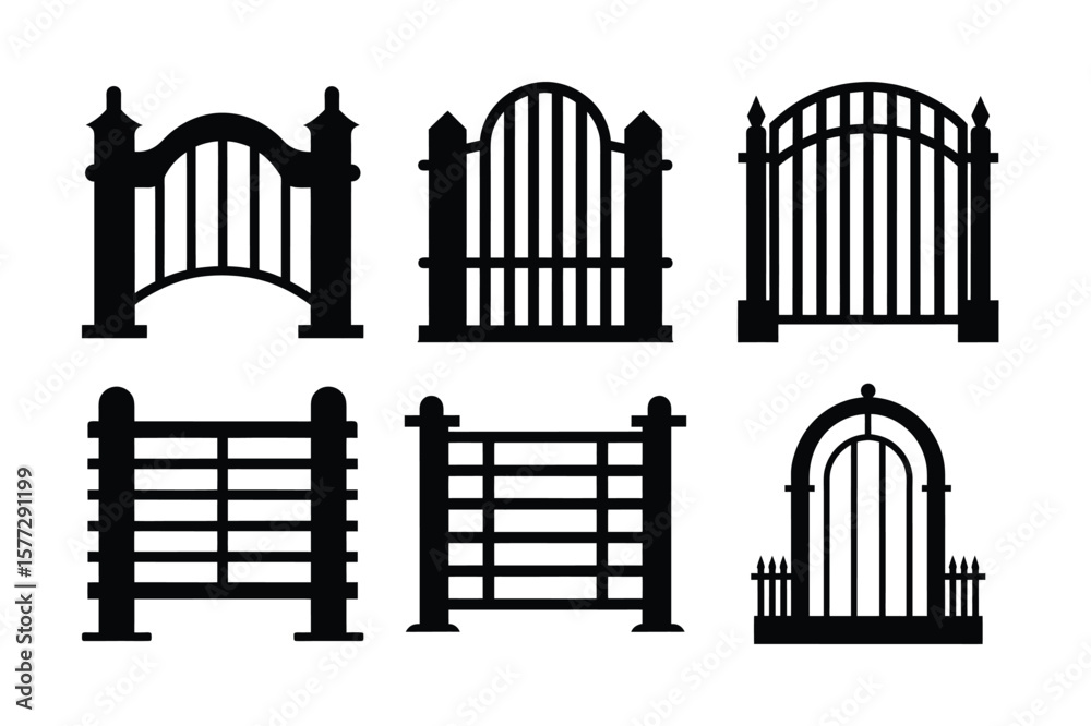 Obraz premium Black wrought iron gate and fence vector illustration set