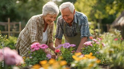Wallpaper Mural Elderly couple tending to their vibrant garden filled with colorful flowers during a sunny afternoon in a peaceful outdoor setting Torontodigital.ca