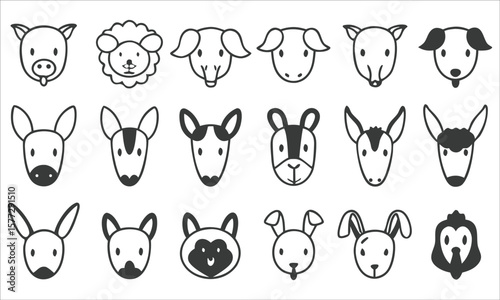 Cute animal faces collection sheep elephant