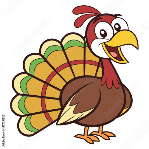 Animated turkey character is joyfully standing with colorful tail feathers on a white backdrop