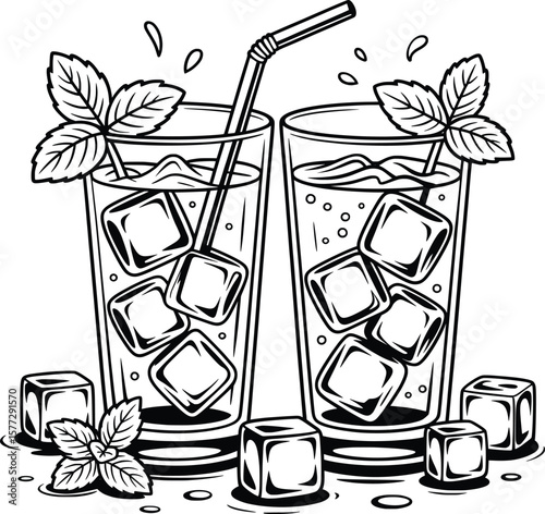 Mint Ice Drink Sketch, Refreshing Summer Beverage Line Art.


