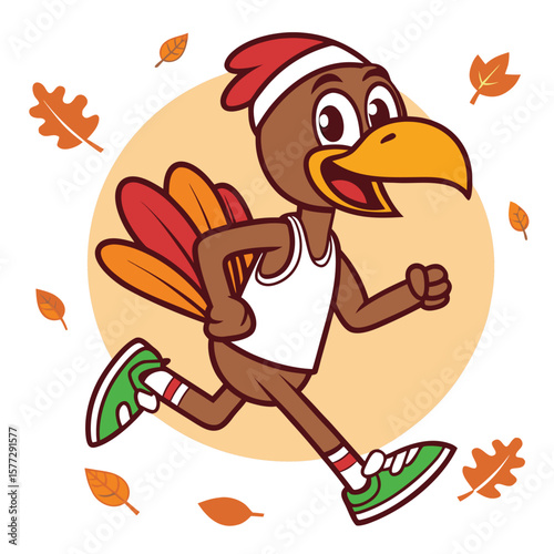 Animated turkey character cheerfully runs with an athletic headband and shoes amid falling autumn leaves