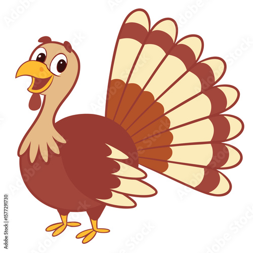 Animated turkey struts cheerfully, displaying its vibrant plumage against a clean white background