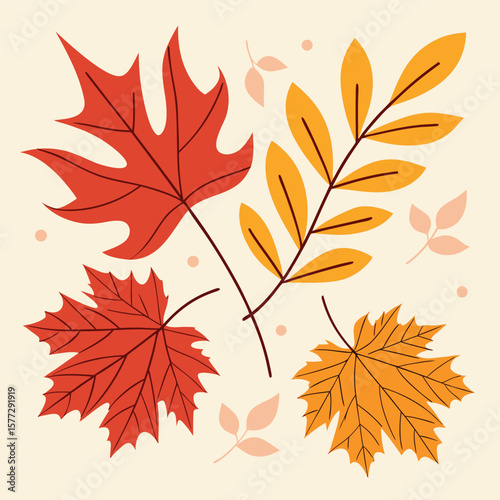 Autumnal charm with orange, red and peach colored leaves on a cream colored backdrop