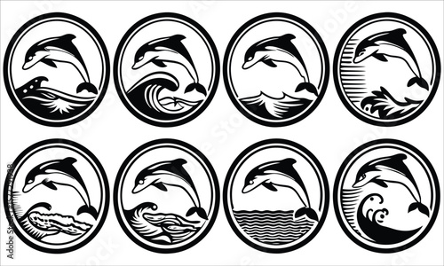 Leaping dolphin ocean wave crests vector