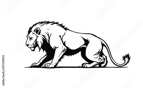 Black and White Lion Line Art Illustration – Tattoo Style Fierce Animal Design