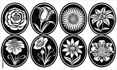 Oval floral emblems botanical black and white