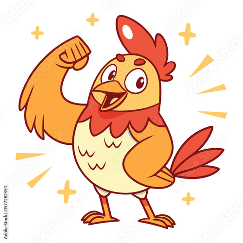 Cartoon rooster with open beak shows off a bicep muscle and stands proudly