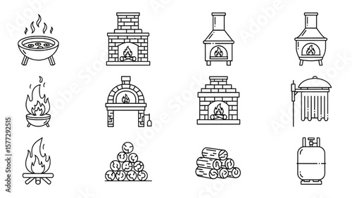 Backyard Firepit and Outdoor Features Line Icon Set – Patio, Fireplace, Chiminea, Pizza Oven, Propane Tank Vector

