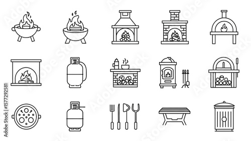 Backyard Firepit and Outdoor Features Line Icon Set – Patio, Fireplace, Chiminea, Pizza Oven, Propane Tank Vector

