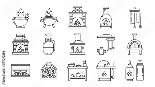 Backyard Firepit and Outdoor Features Line Icon Set – Patio, Fireplace, Chiminea, Pizza Oven, Propane Tank Vector

