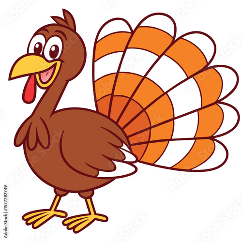 Cartoon turkey happily stands with orange and white striped tail feathers over a white background