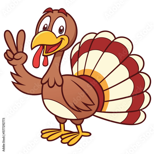 Cartoon turkey gives a peace sign while standing, showing off its tail feathers on white