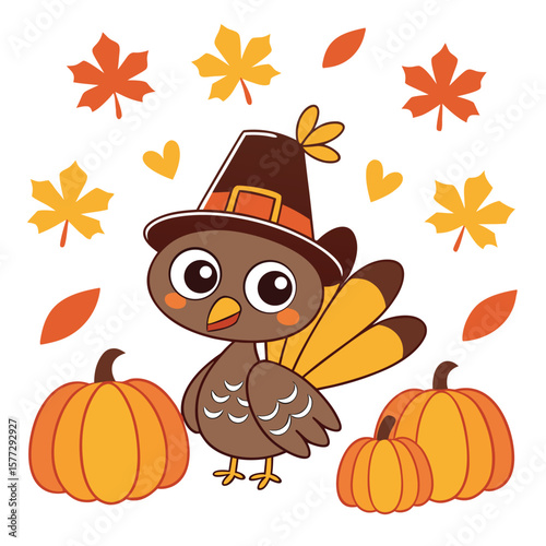 Cartoon turkey in pilgrim hat is among colorful leaves and pumpkins on white