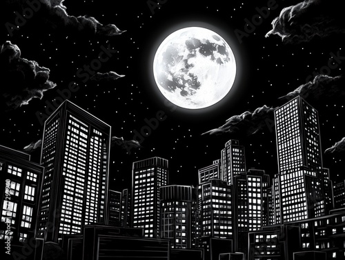 Night city skyline with moon