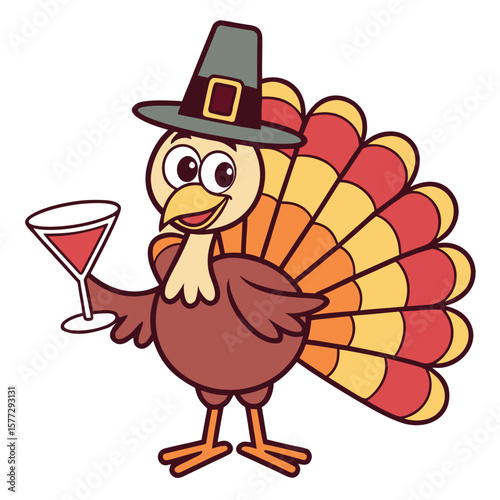 Cartoon turkey wearing a pilgrim hat cheerfully holds a cocktail glass up against white