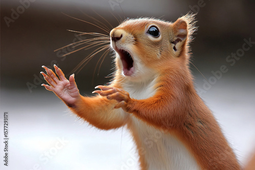 Squirrel expresses surprise with paws raised in natural setting